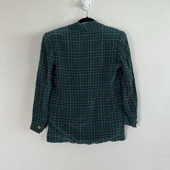 Dana Buchman Vintage 90s Silk Green & Blue Plaid Academia Blazer Petite Size 6 - Picture 2 of 10